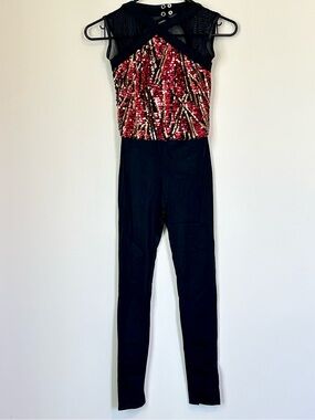 Weissman Black Dance Jumpsuit with Red and Gold Sequin Bodice - Size: MC